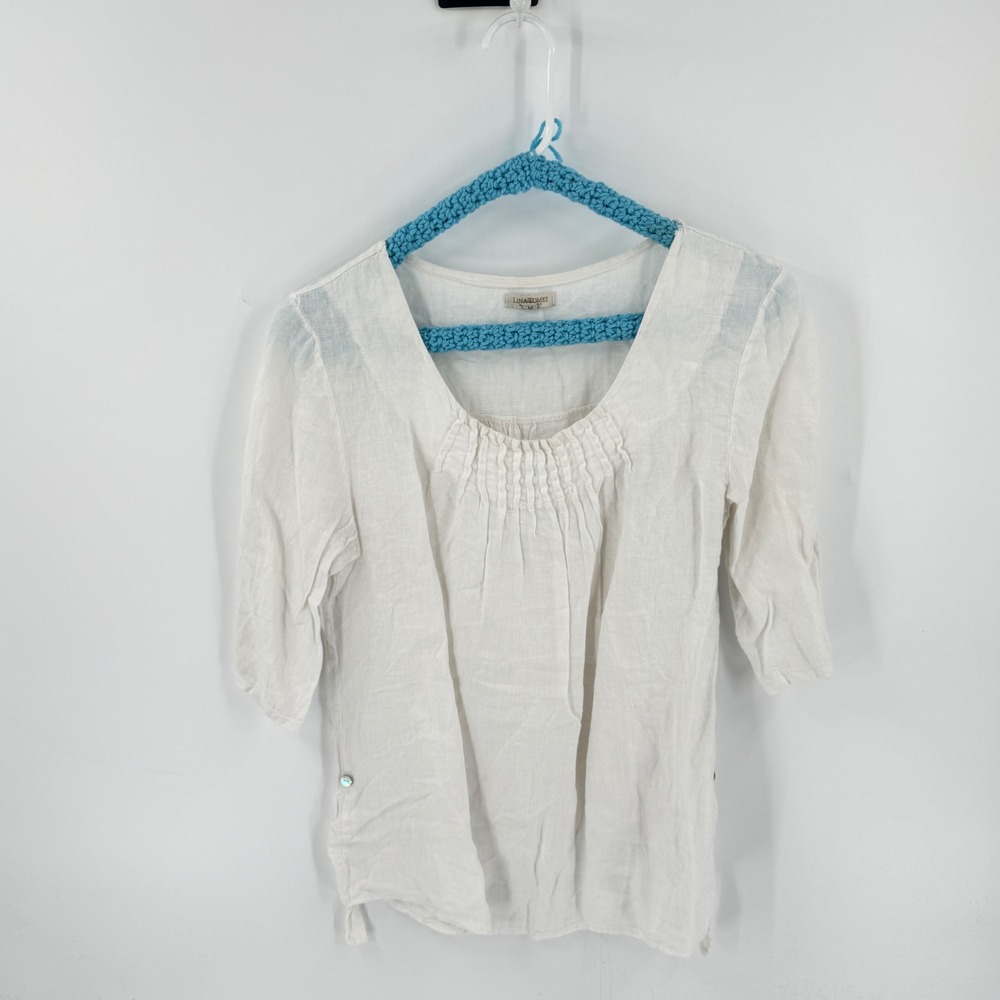 Lina Tomei Linen Blouse White Medium Pintuck Scoop Neck 3/4 Sleeve Made in Italy